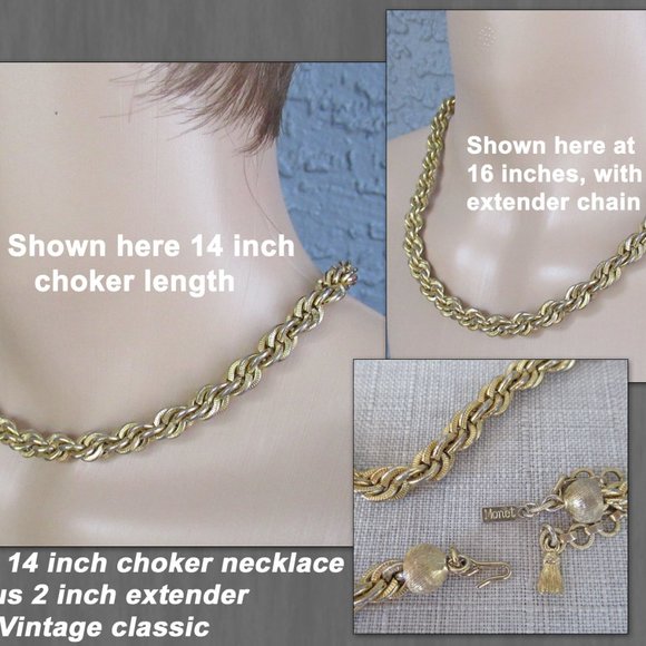 Monet 14 inch choker necklace plus 2 inch extender, Twisted gold link style, VTG - Picture 2 of 13